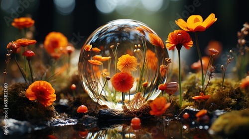  a crystal ball surrounded by flowers and moss on the ground. generative ai