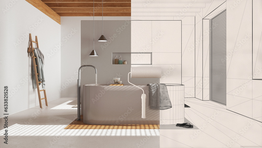 Fototapeta premium Paint roller painting interior design blueprint sketch background while the space becomes real showing bathroom. Before and after concept, architect designer creative work flow