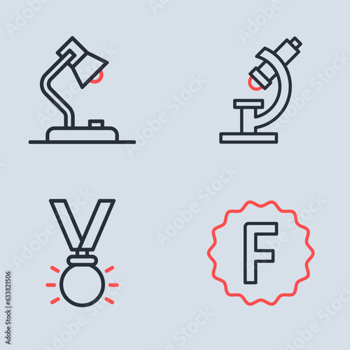 Set line Microscope, Medal, Exam paper with incorrect answers and Table lamp icon. Vector