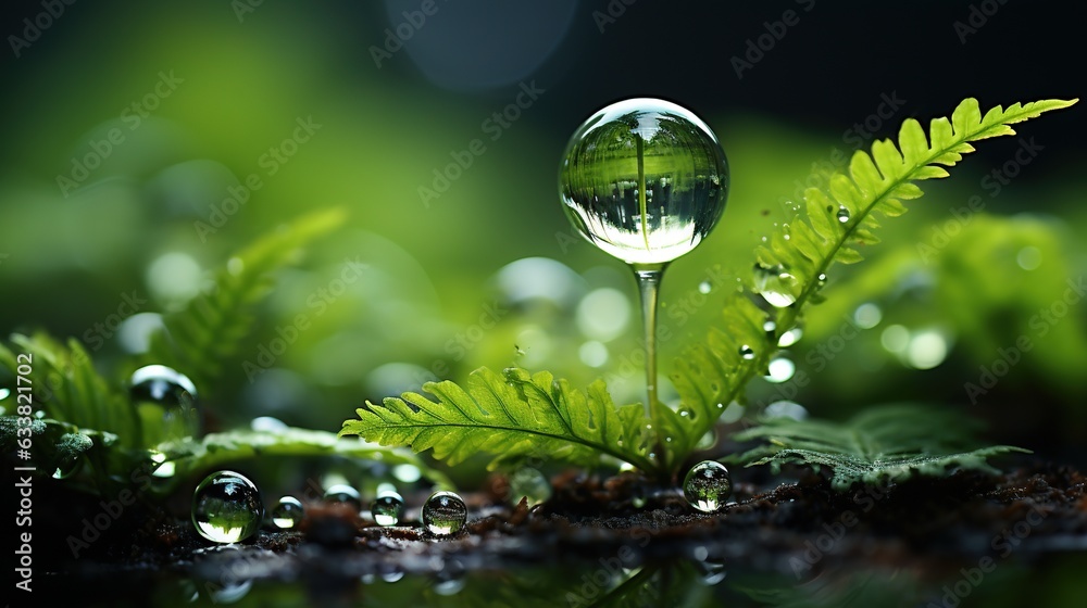  a drop of water sitting on top of a green leaf.  generative ai - obrazy, fototapety, plakaty 