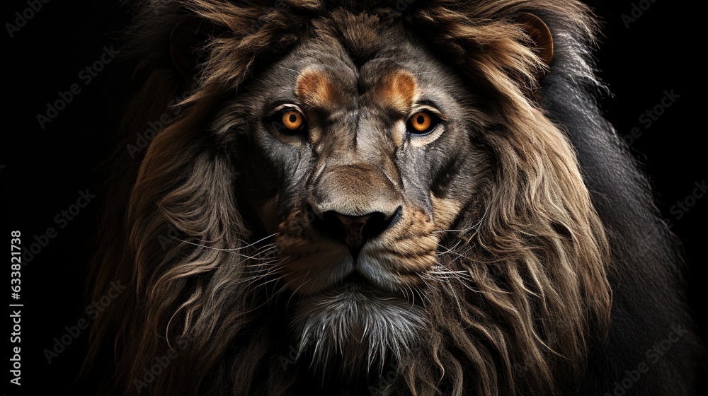  a close up of a lion's face on a black background.  generative ai