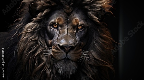  a close up of a lion s face on a black background.  generative ai