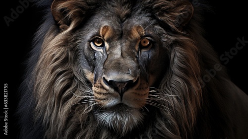  a close up of a lion s face with a black background.  generative ai