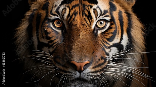  a close up of a tiger's face on a black background. generative ai