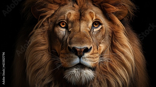  a close up of a lion s face with a black background.  generative ai