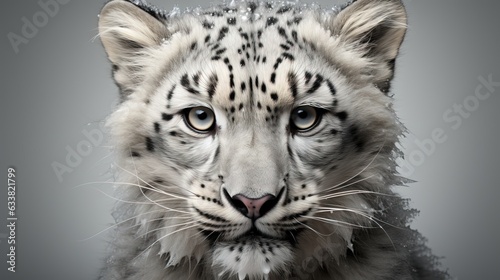  a white snow leopard with black spots on its face and eyes. generative ai