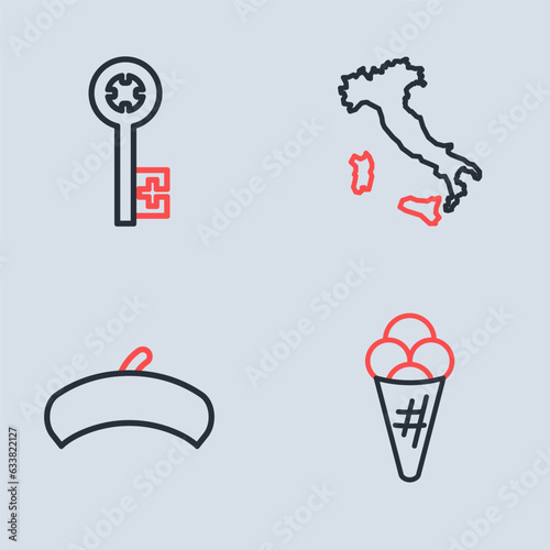 Set line Map of Italy, French beret, Ice cream in waffle and Old key icon. Vector