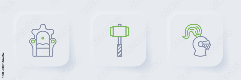 Set line Medieval helmet, Battle hammer and throne icon. Vector Set line Medieval helmet, Battle hammer and throne icon. Vector