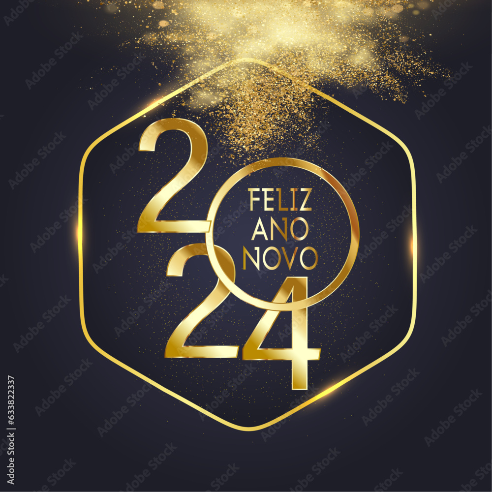 cartão ou banner para desejar um feliz 2024 em ouro em um círculo e um hexágono dourado sobre um fundo preto com uma nuvem de glitter dourado acima