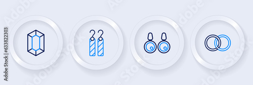 Set line Wedding rings, Earrings, and Gem stone icon. Vector