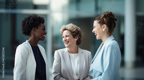 Women talking in suit with business building background