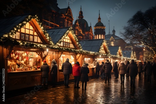 A stunning christmas market in a European city with traditional stalls and architecture. A great place to buy gifts and foods during the festive season. Lots of lights in the evening. Generative AI.