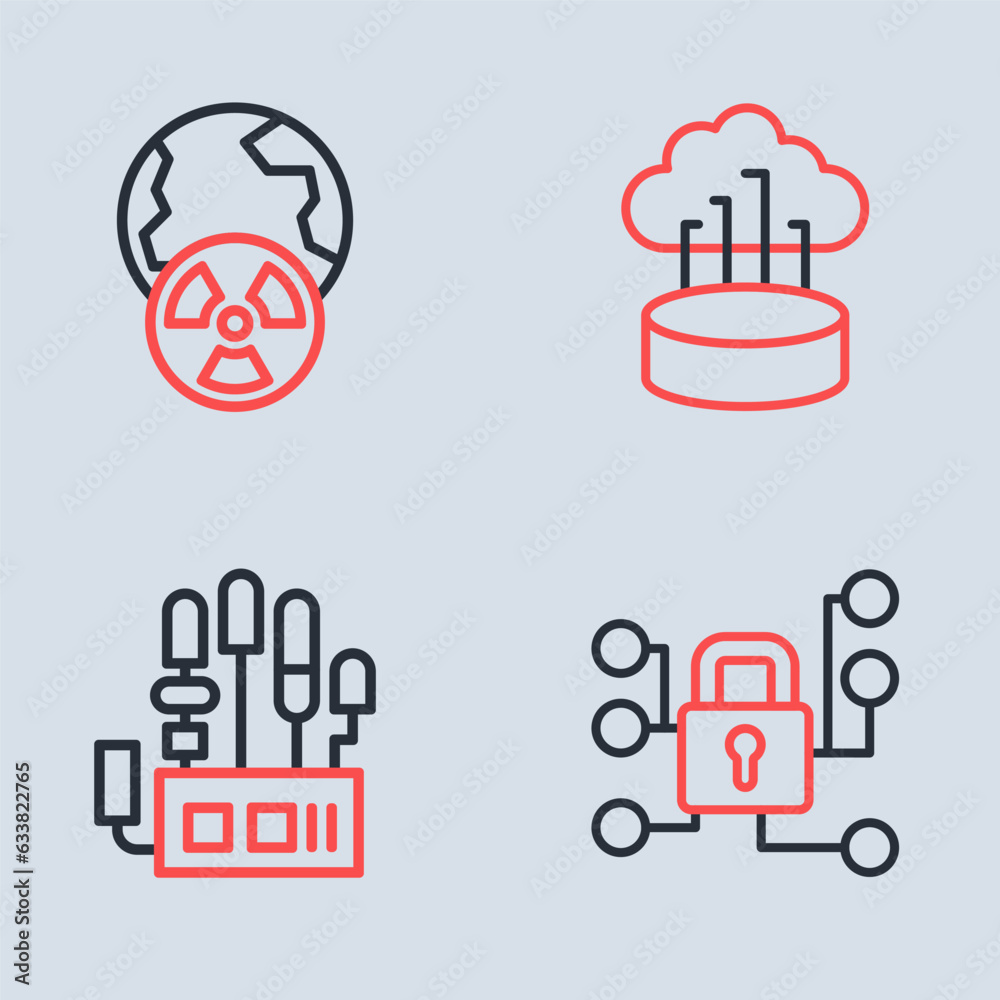 Set line Network cloud connection, Mechanical robot hand, Cyber security and Planet earth radiation icon. Vector