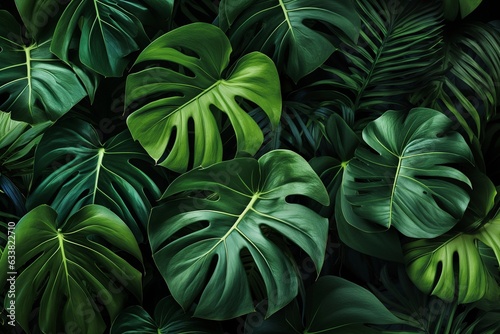 Monstera leaves background. Top view, flat lay, plants, monstera plant, green background, tropical forest plant 