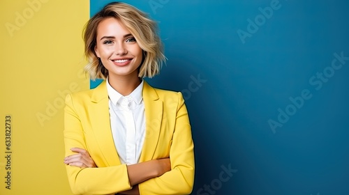 Young woman in yellow blazer and white shirt, vibrant blue background. photo