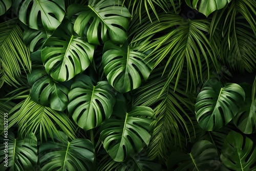 Monstera leaves background. Top view, flat lay, plants, monstera plant, green background, tropical forest plant 