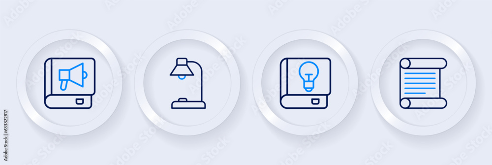 Set line Decree, parchment, scroll, User manual, Table lamp and Book icon. Vector