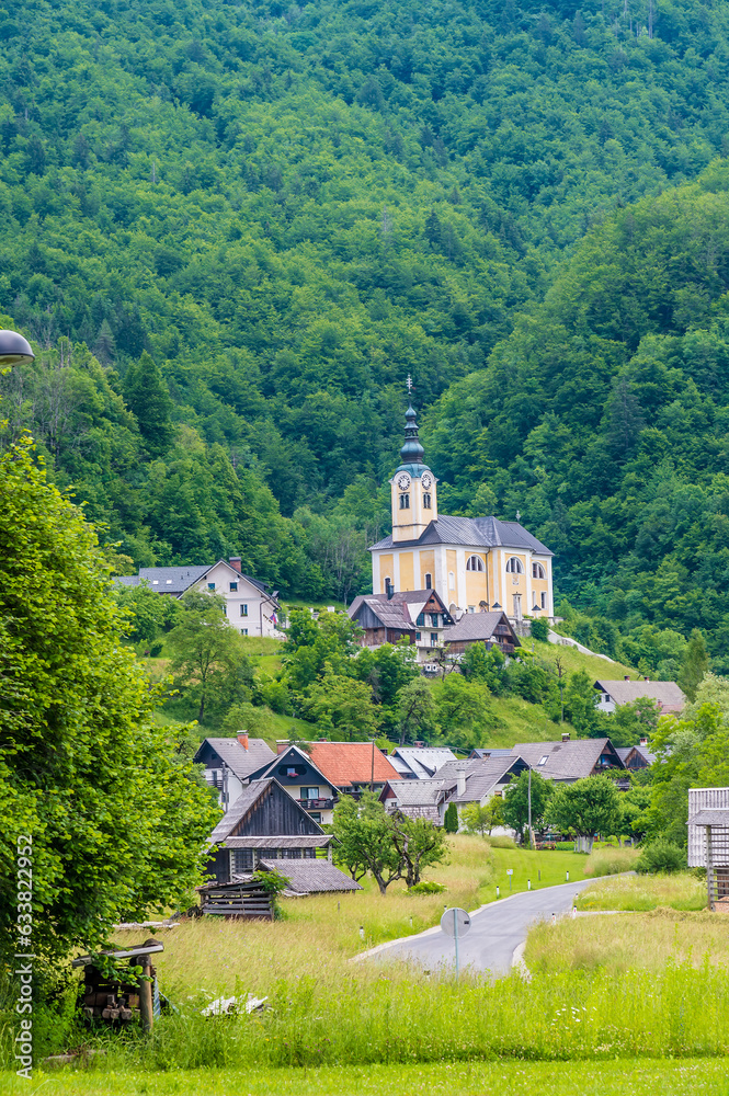 A view leading into the alpine village of Kranjska above lake Bohinj in Slovenia in summertime