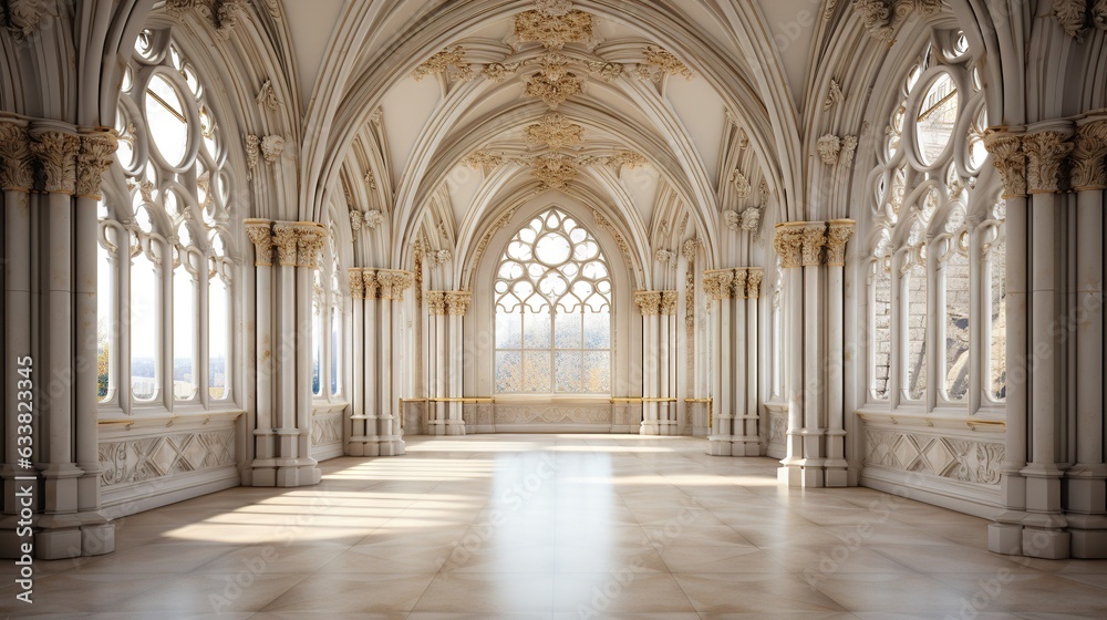  a large room with a large arched window and a marble floor.  generative ai