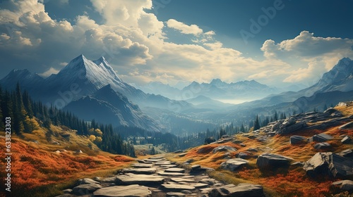  a painting of a mountain landscape with a path leading to a valley. generative ai