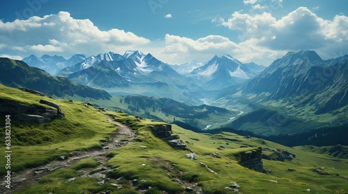  a view of a mountain range with a path going through it. generative ai