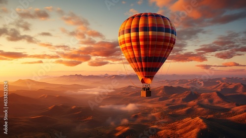  a hot air balloon flying over a mountain range at sunset.  generative ai © Jevjenijs