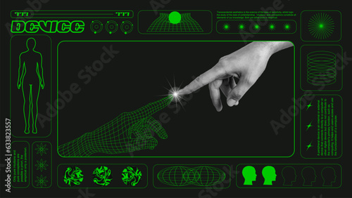 Robot hand touching human hand. Creation of Adam remake. Artifical intelligence concept. Vector illustration.