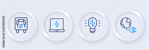 Set line Global energy planet with plug, Creative lamp light idea, Laptop and Electrical panel icon. Vector