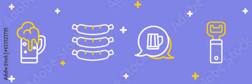 Set line Bottle opener, Wooden beer mug, Sausage and Glass of icon. Vector