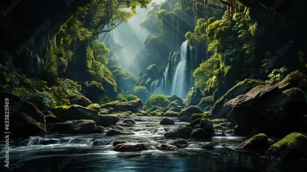  a painting of a stream in a forest with a waterfall.  generative ai