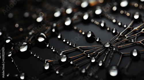  a bunch of drops of water on top of a black surface. generative ai