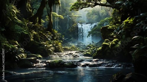  a river running through a lush green forest filled with trees.  generative ai