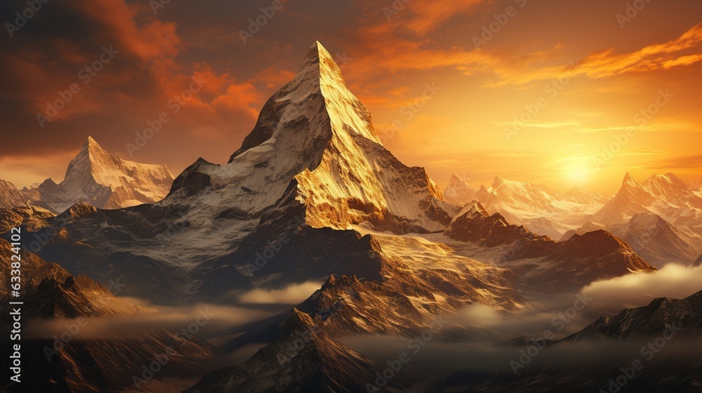 a very tall mountain with a sunset in the back ground. generative ai a very tall mountain with a sunset in the back ground. generative ai