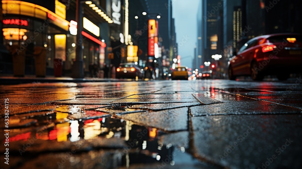  a city street with cars and buildings on a rainy night.  generative ai