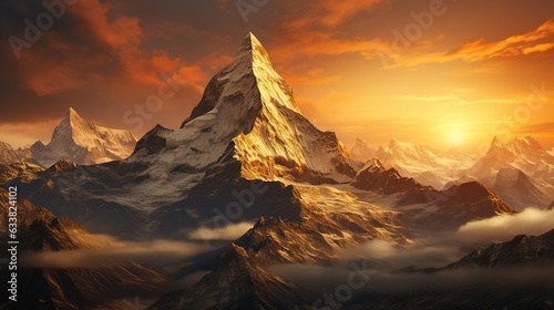  a very tall mountain with a sunset in the back ground.  generative ai © Jevjenijs