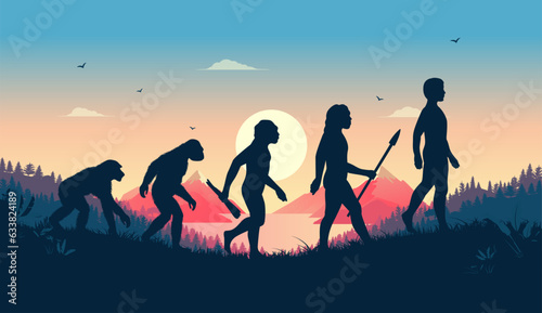 Fotografia, Obraz Human evolution illustration - Ancestors evolving from primate to modern human in beautiful landscape scene with morning sunrise in background