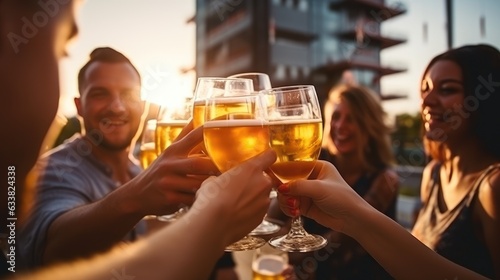 Group of friends drink beer on the terrace and toast during summer night. Generative A