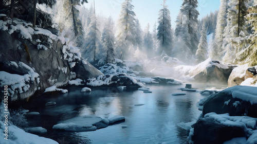 Hot springs in the winter. Stunning lake with steam and vapor from the water. Winter tourism.