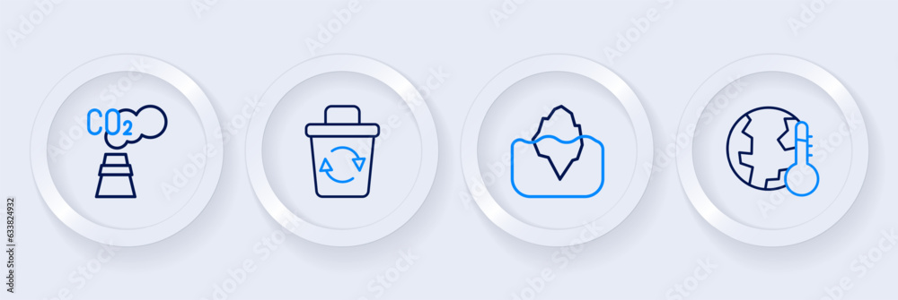 Set line Earth melting to global warming, Iceberg, Recycle bin and CO2 emissions cloud icon. Vector Set line Earth melting to global warming, Iceberg, Recycle bin and CO2 emissions cloud icon. Vector