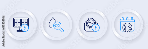 Set line World Earth day, Water mill, Drop and magnifying glass and Solar energy panel icon. Vector