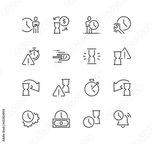 Set of time related icons, money for time, sand watch, time management, restore, speed and linear variety vectors.