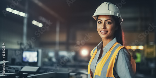 Smiling portrait of female industrial engineer in the white hard hat. Engineer looking of working at industrial machinery setup in factory.