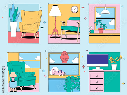 Set of colorful living room interior decoration home with furniture vector illustration