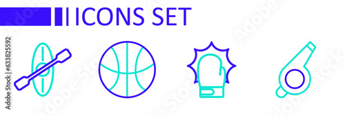 Set line Whistle, Punch in boxing gloves, Basketball ball and Kayak and paddle icon. Vector