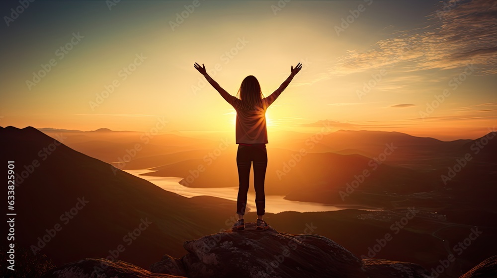 Silhouette of woman stand and feel happy on the most hight at the mountain on sunset, success, leader, teamwork, target, Aim, confident, achievement, goal, on plan, finish, generate by AI.