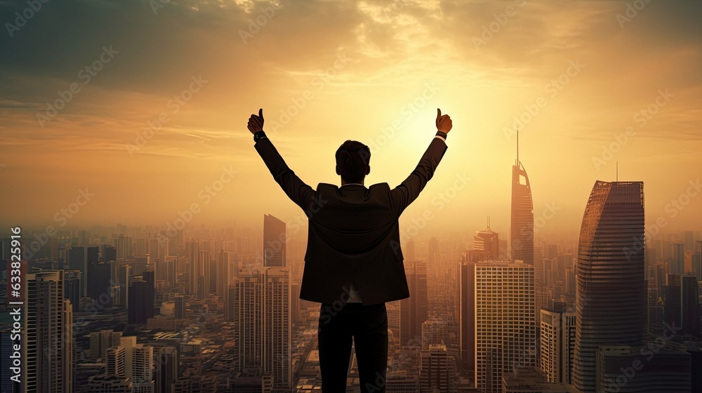 Fototapeta premium Silhouette of business man stand and feel happy on the most hight at stand on sunset, success, leader, teamwork, target, Aim, confident, achievement, goal, on plan, finish, generate by AI