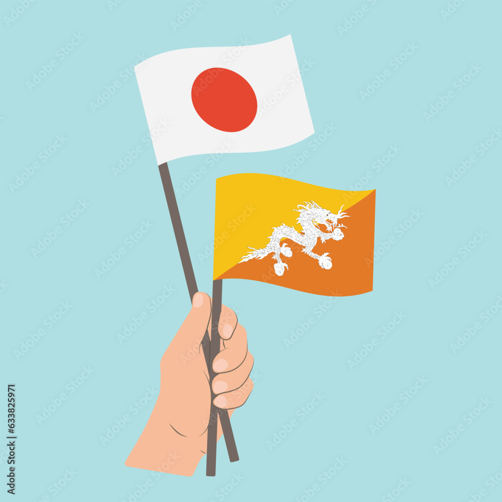 Flags of Japan and Bhutan, Hand Holding flags Flags of Japan and Bhutan, Hand Holding flags