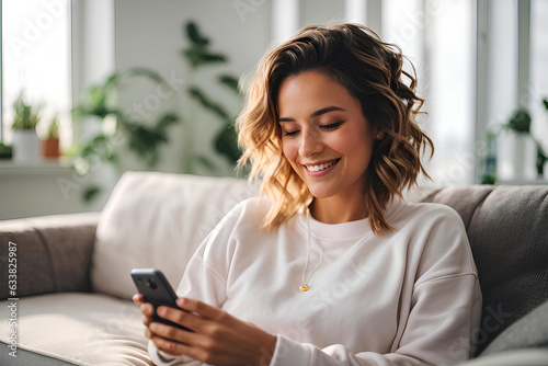 A smiling girl is sitting on the sofa with a phone in her hands. photo