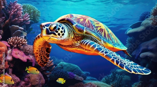 Colorful turtle and tropical fish life in the coral reef  animals of the underwater sea world