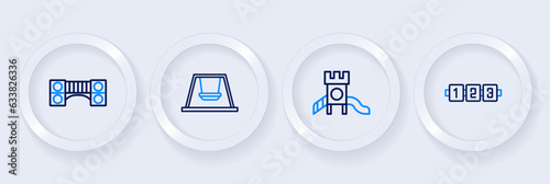 Set line Education logic game, Slide playground, Ferris wheel and Playground kids bridge icon. Vector